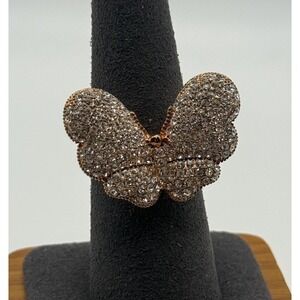 Rose Gold Tone Pave Crystal Butterfly Ring Size 8 Statement Cocktail Ring